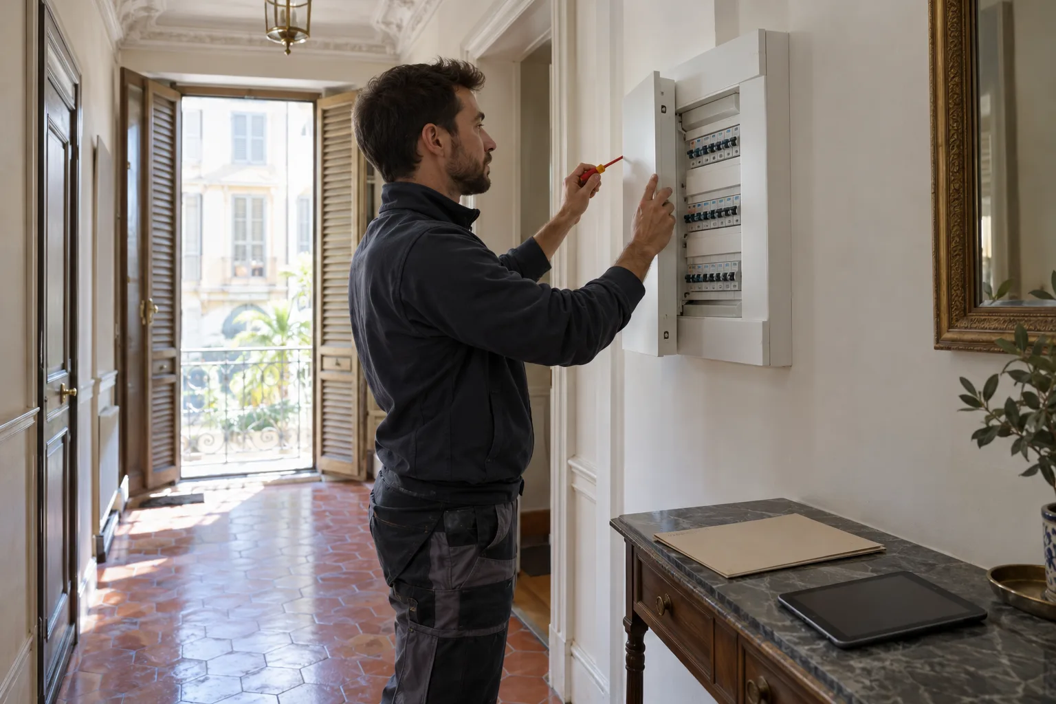 Électricien qui referme un tableau électrique neuf dans l’entrée d’un appartement ancien à Nice