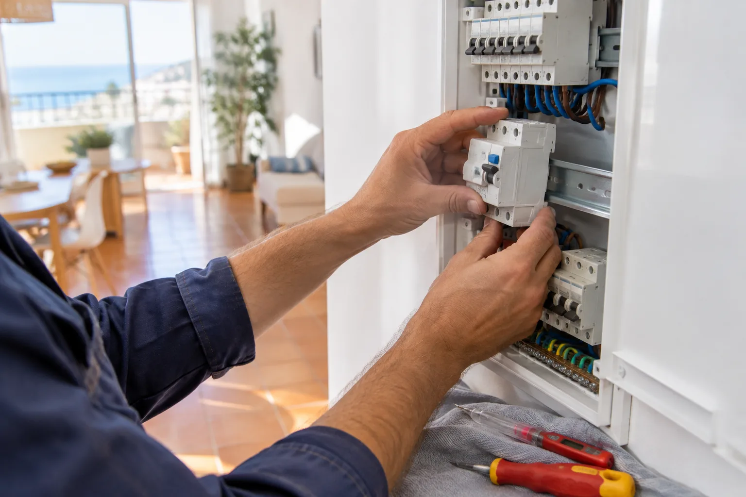 Électricien posant un interrupteur différentiel 30 mA dans un tableau électrique moderne