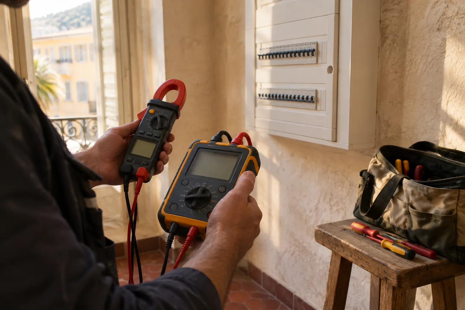 Électricien mesurant un circuit avec une pince ampèremétrique près d’un tableau électrique fermé