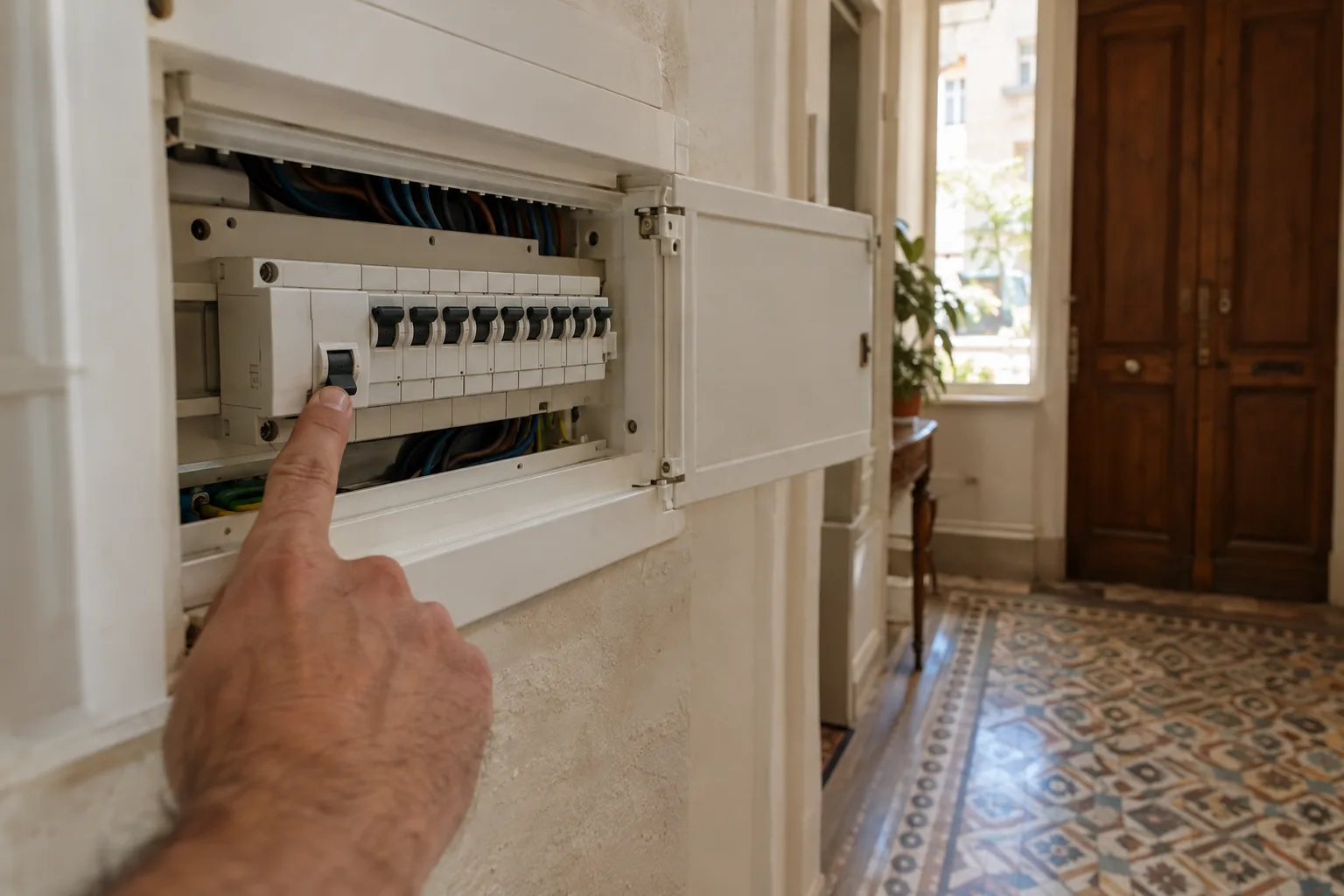 Tableau électrique d’appartement ouvert avec un interrupteur différentiel en position basse