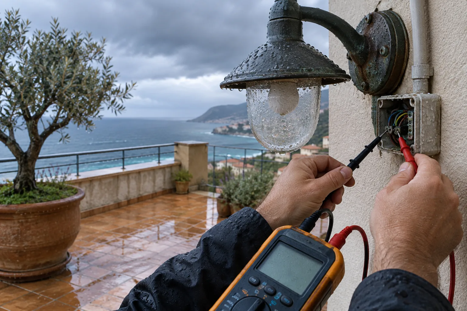 Électricien mesurant l’isolement d’une applique extérieure humide sur une terrasse en bord de mer