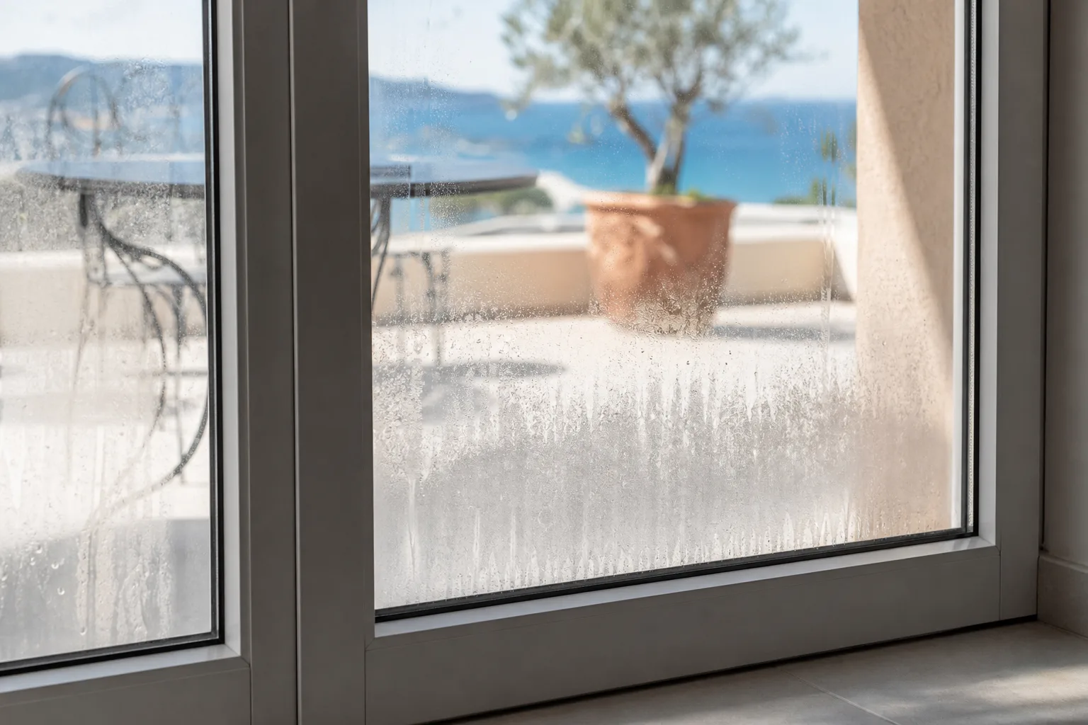 Double vitrage d’une porte-fenêtre avec une buée laiteuse piégée entre les deux verres, vue sur une terrasse ensoleillée floue