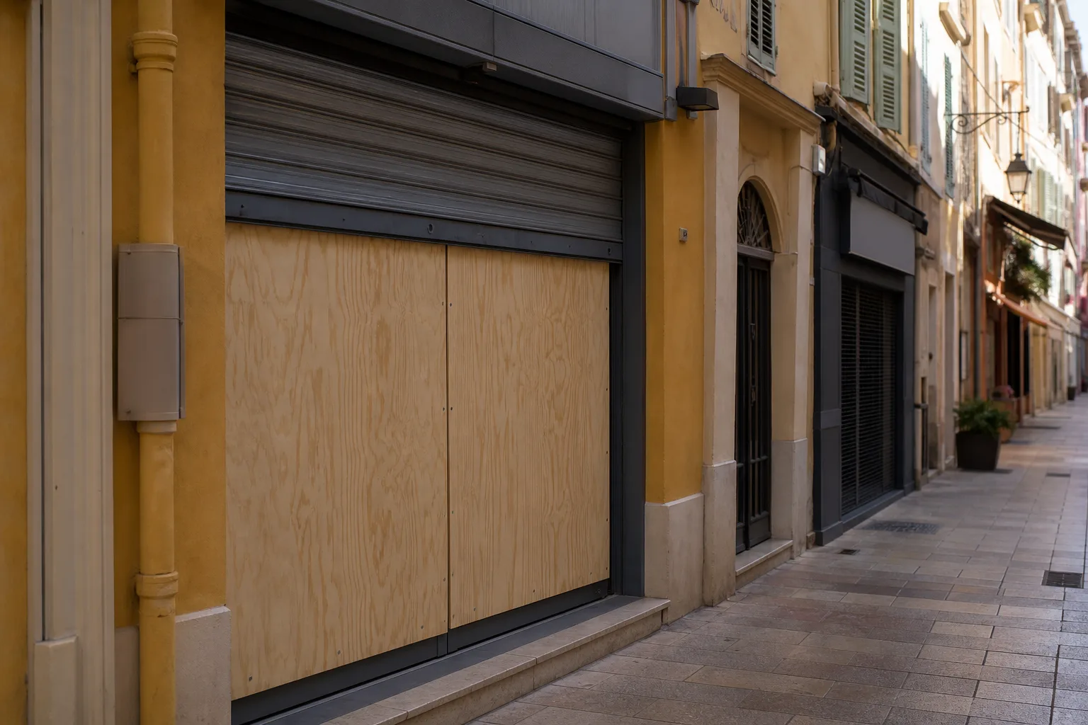 Vitrine de commerce de centre-ville fermée par un panneau de contreplaqué vissé, trottoir balayé, rideau métallique à demi baissé