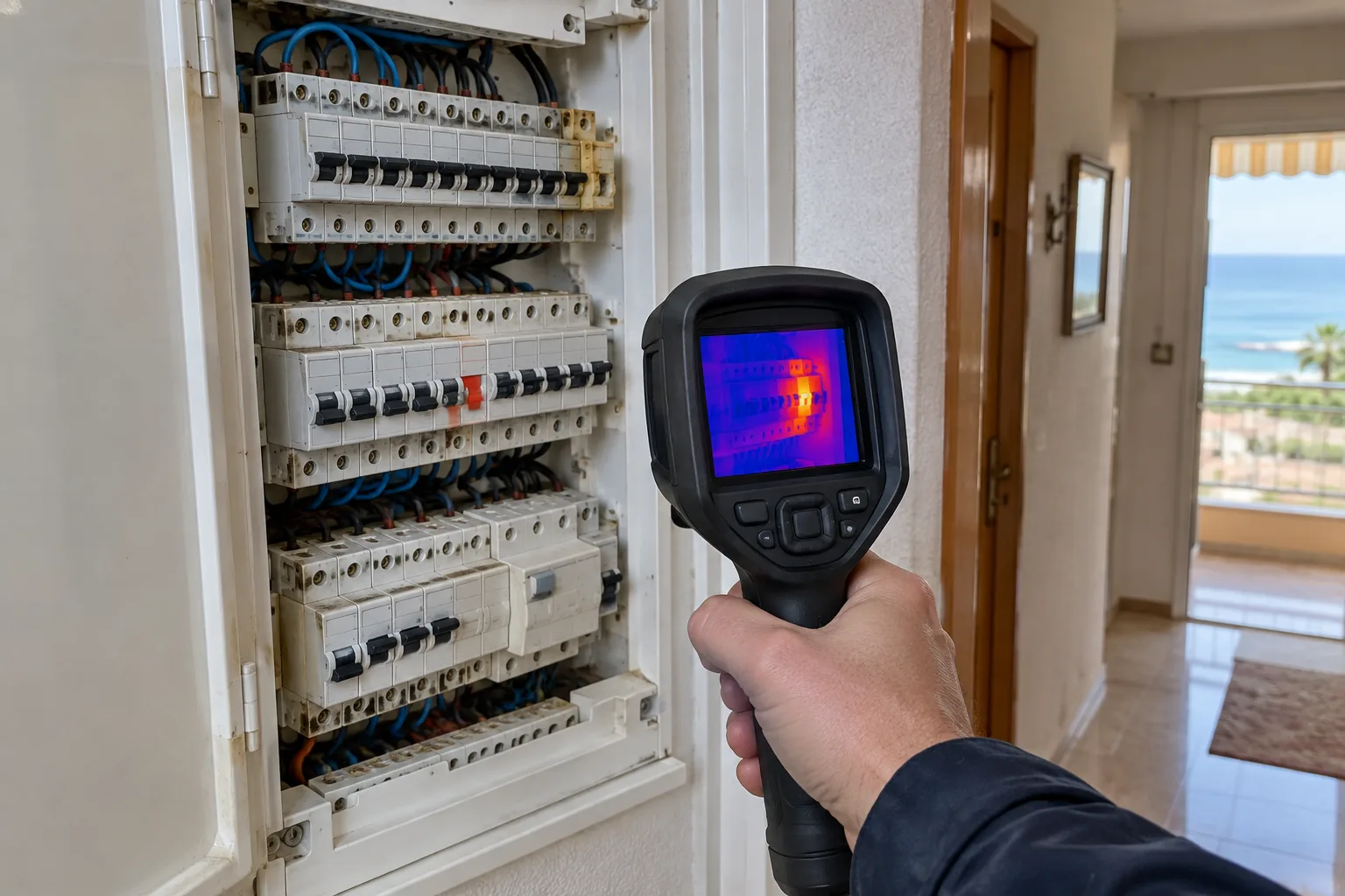 Tableau électrique d’un appartement des années 70 à Nice, un disjoncteur abaissé, contrôle à la caméra thermique