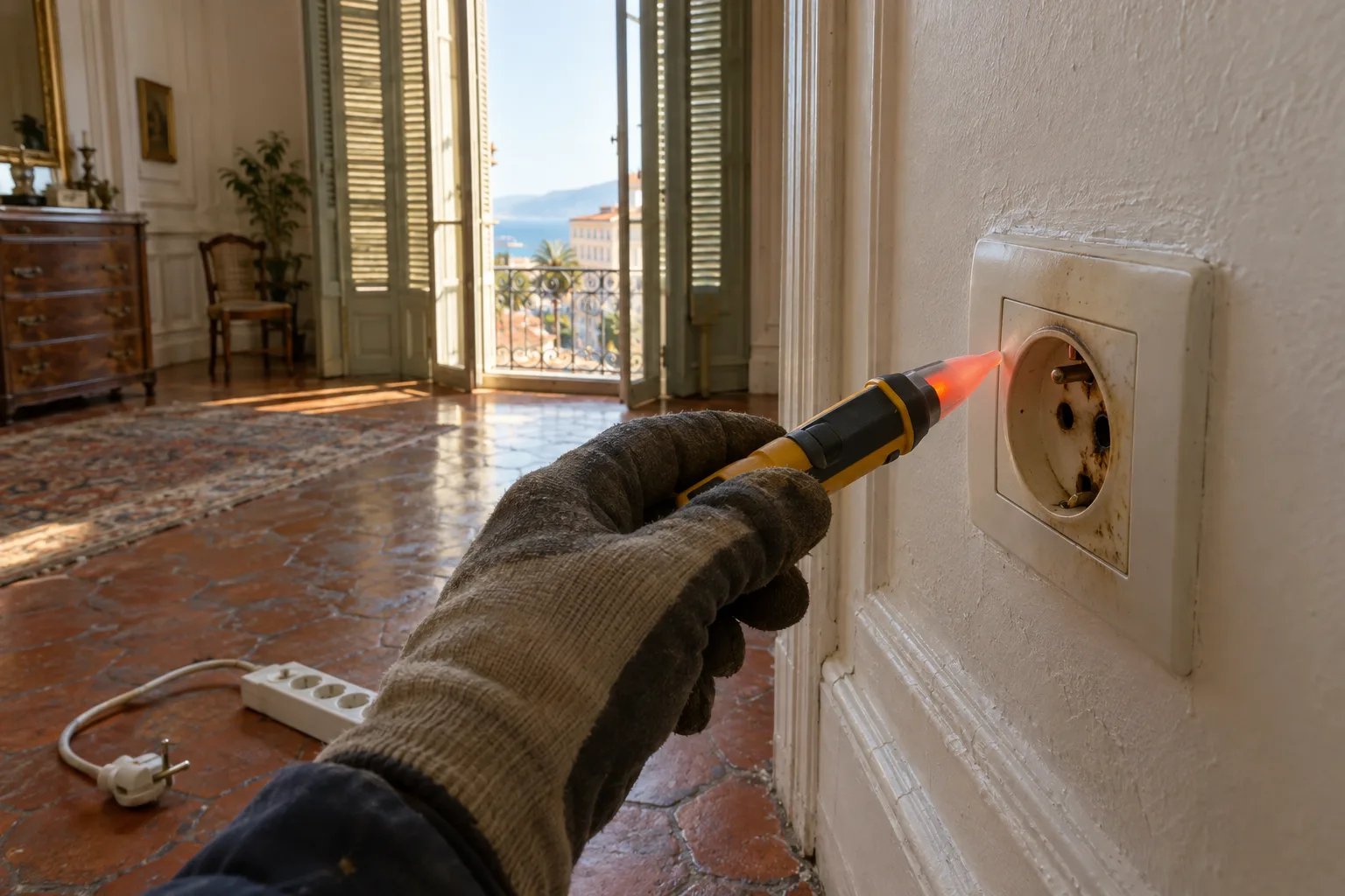 Électricien contrôlant une prise murale légèrement noircie dans un appartement ancien de Nice