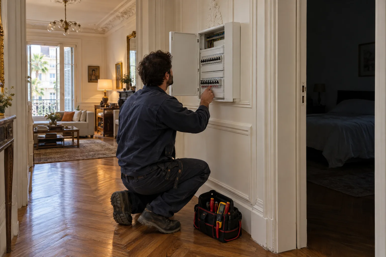 Électricien devant un tableau électrique ouvert dans un appartement ancien de Nice, une partie du logement éclairée et une pièce dans le noir