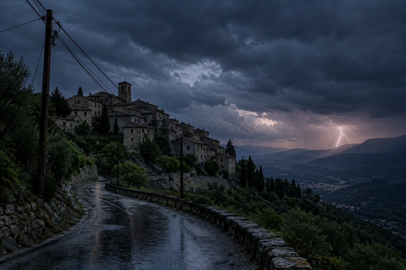Village de l’arrière-pays niçois éteint sous un ciel d’orage