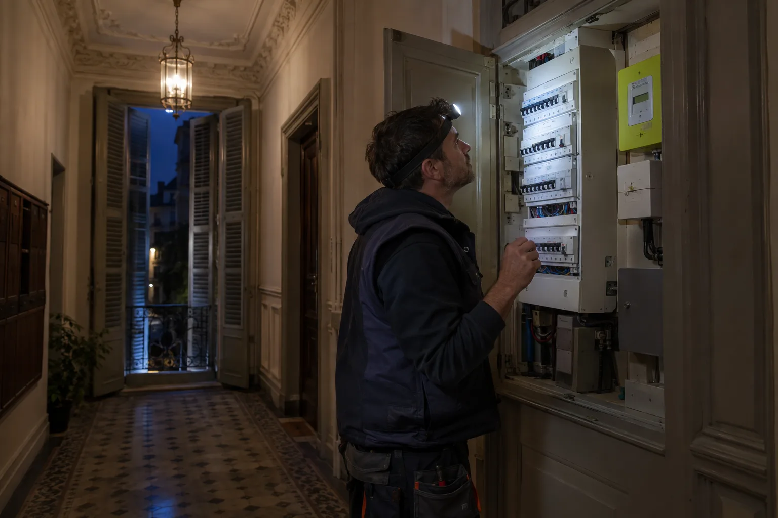 Électricien à la lampe frontale devant un compteur Linky et un tableau électrique dans l’entrée d’un appartement ancien à Nice