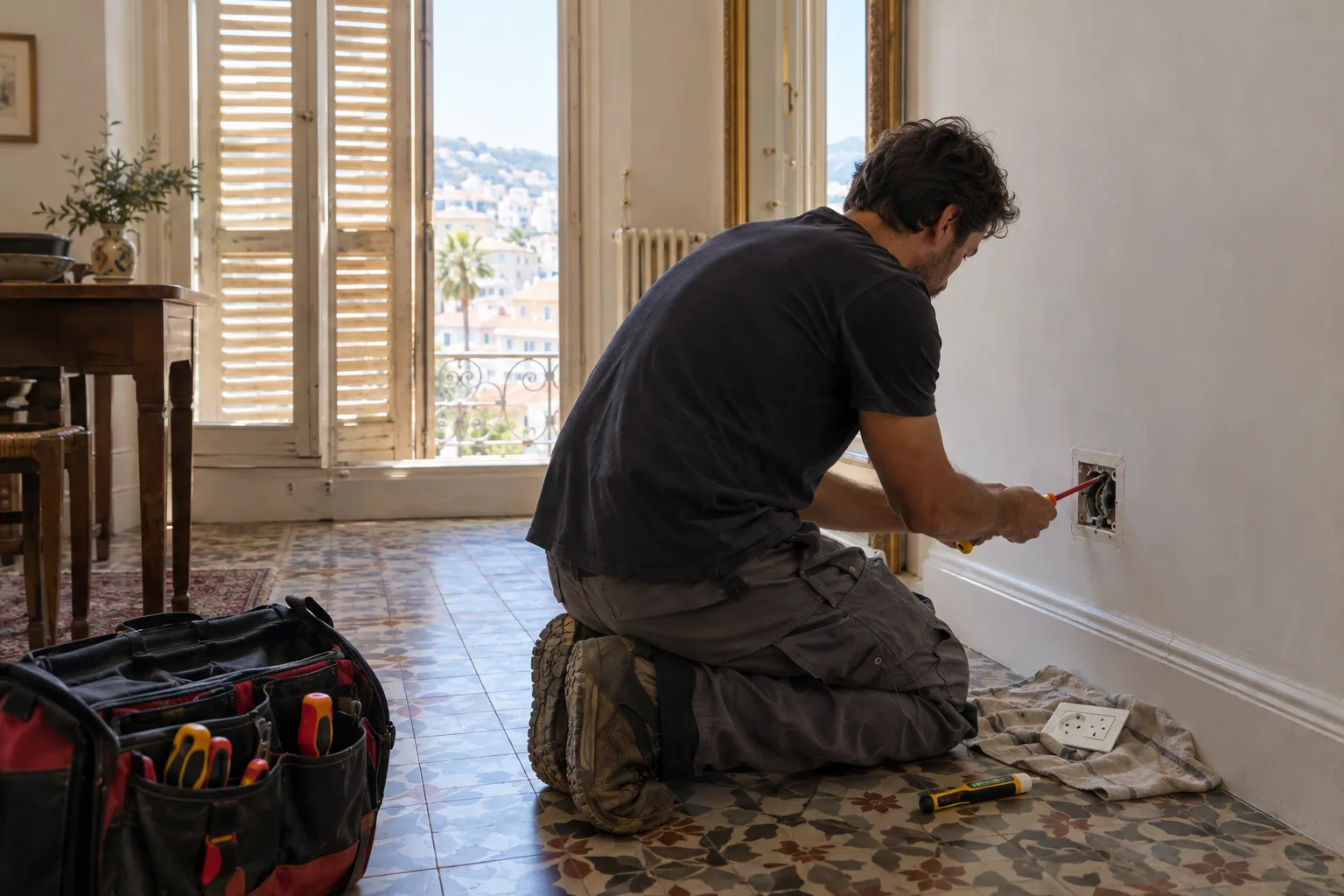 Électricien contrôlant une prise murale hors tension dans un appartement ancien à Nice