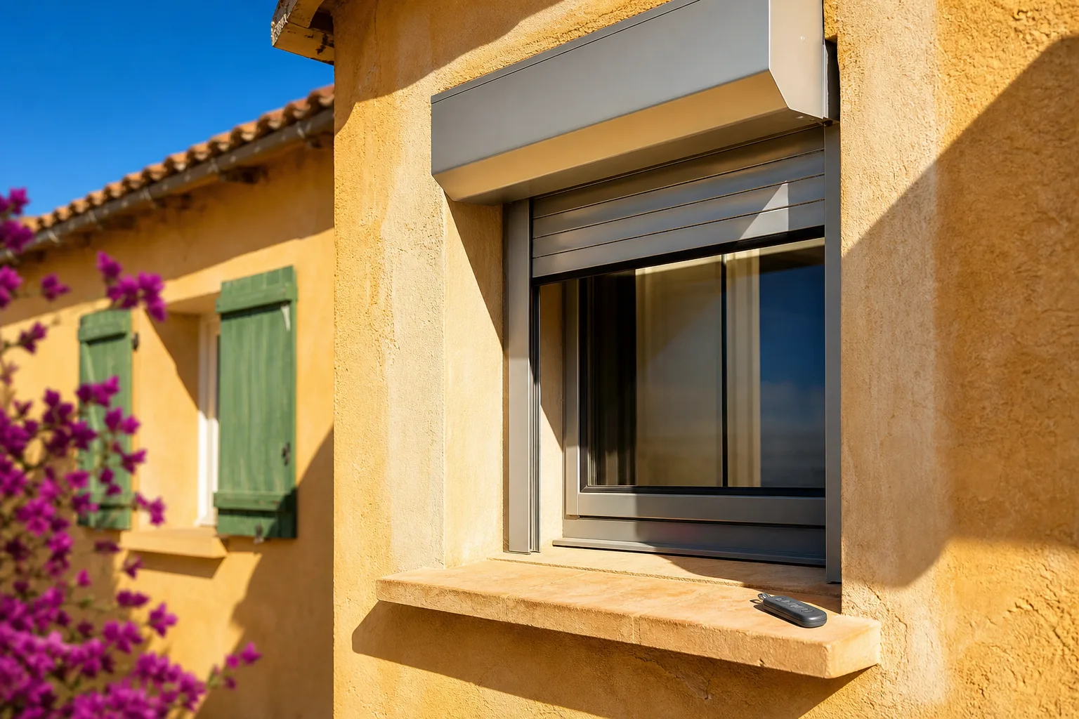 Coffre de volet roulant en aluminium exposé au soleil sur une façade ocre, télécommande posée sur l’appui de fenêtre